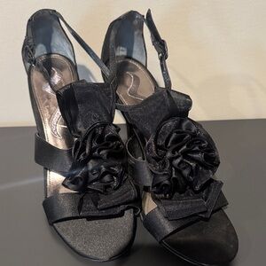 Nina Black Satin Heels with Floral Accent